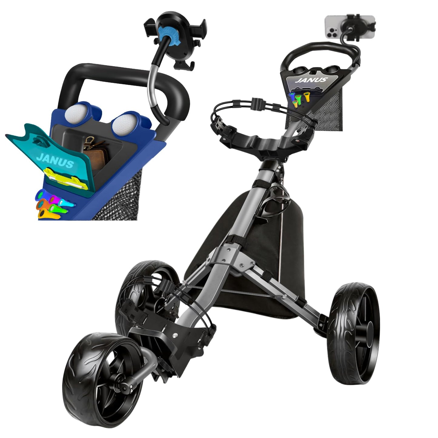 JANUS 3-Wheel Foldable Golf Push Cart with Gooseneck Phone Holder