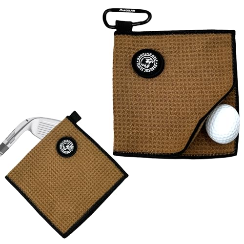 Small Magnetic Golf Towel with Clip Microfiber Waffle Design - Industrial Strength Magnet for Glof Balls Golf Bags Carts Clubs - Brown