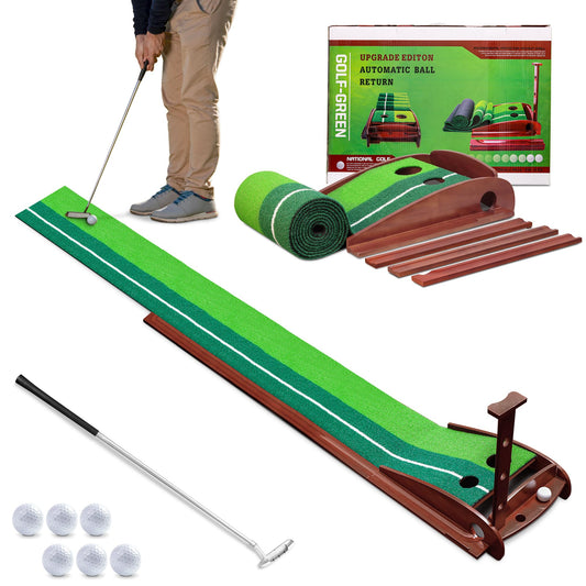 Portable Golf Putting Green with Auto Ball Return – Includes Putter & 6 Balls