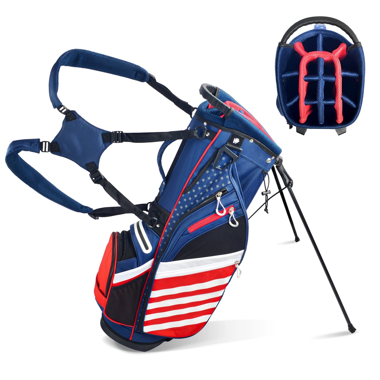 USA Stars & Stripes Golf Stand Bag – 14-Way Dividers, 8 Pockets, Lightweight Carry Bag